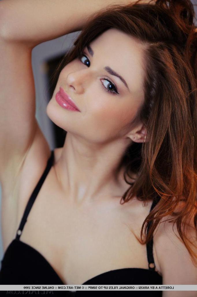 18P Gorgeous brunette babe Loretta A strips out of her black dress just for you