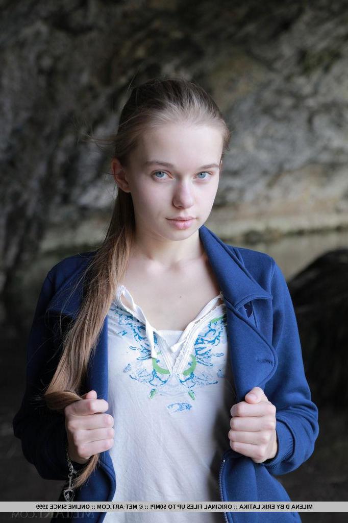 18P Blonde schoolgirl Milena D lifts her skirt to show you her tight pussy
