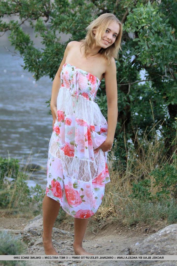 18P Blonde teen Rachel Blau strips completely naked for you outside