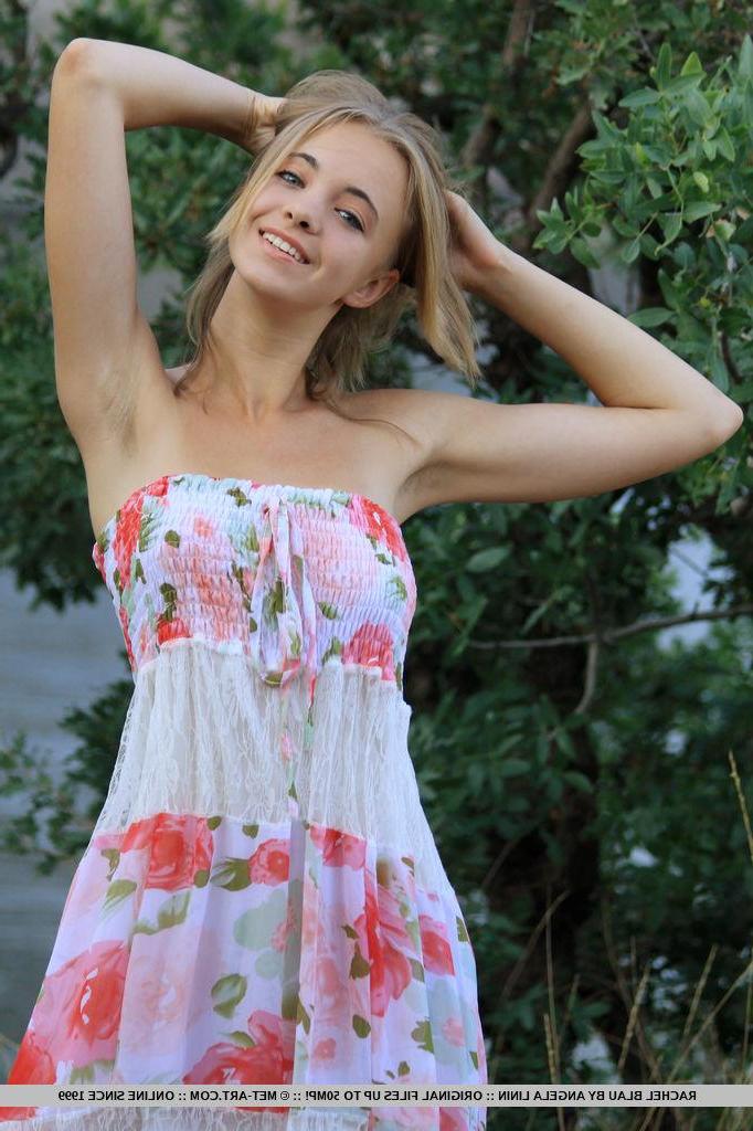 18P Blonde teen Rachel Blau strips completely naked for you outside