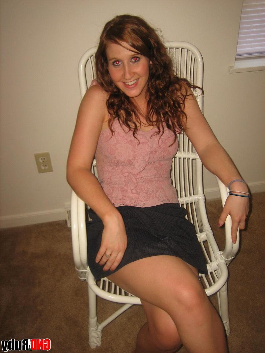 12P Redhead teen Ruby strips naked on the wicker chair to rub her sweet teenage pussy