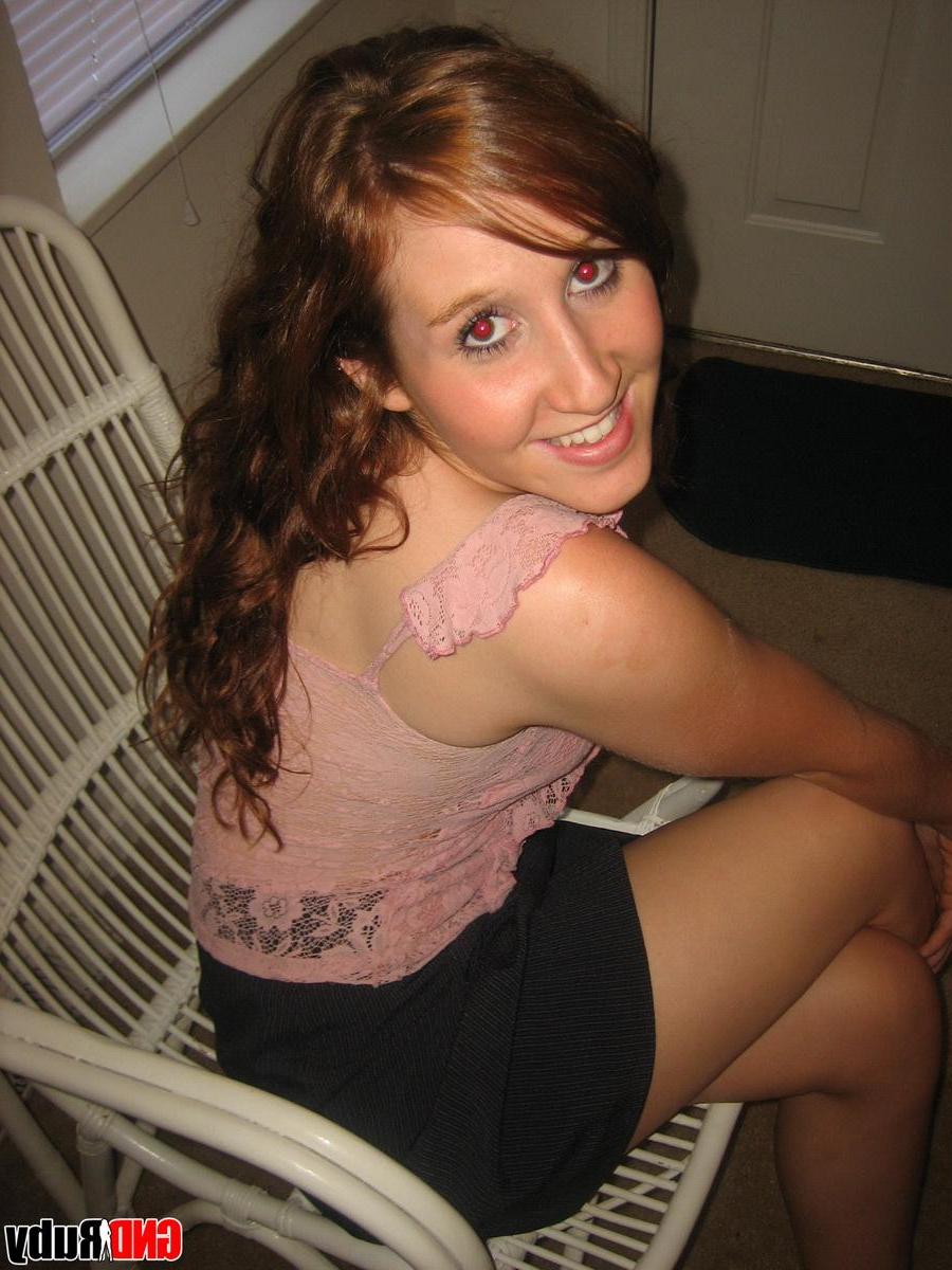 12P Redhead teen Ruby strips naked on the wicker chair to rub her sweet teenage pussy
