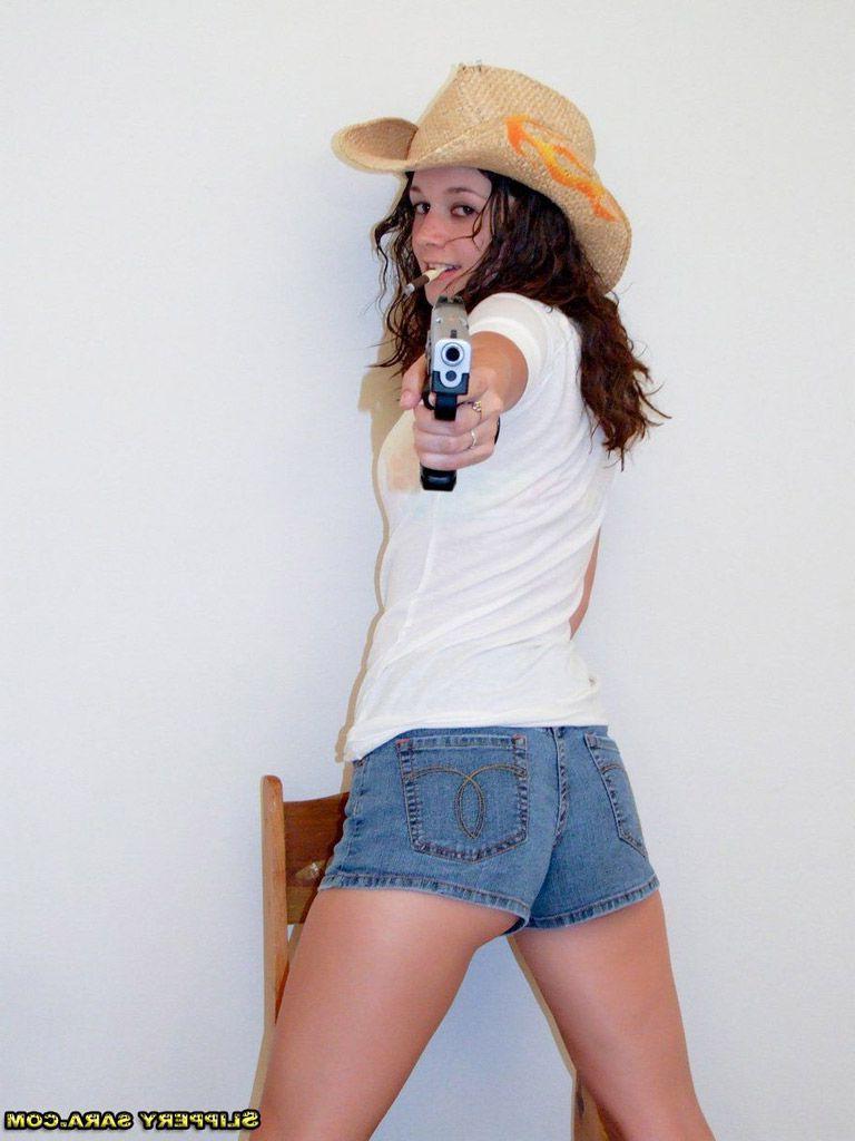 15P Pictures of Slippery Sara getting kinky with a gun