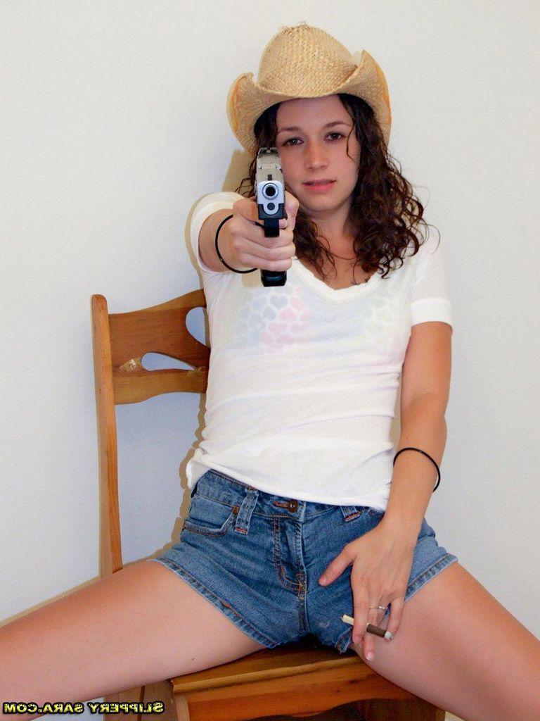 15P Pictures of Slippery Sara getting kinky with a gun