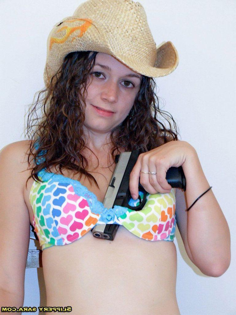15P Pictures of Slippery Sara getting kinky with a gun