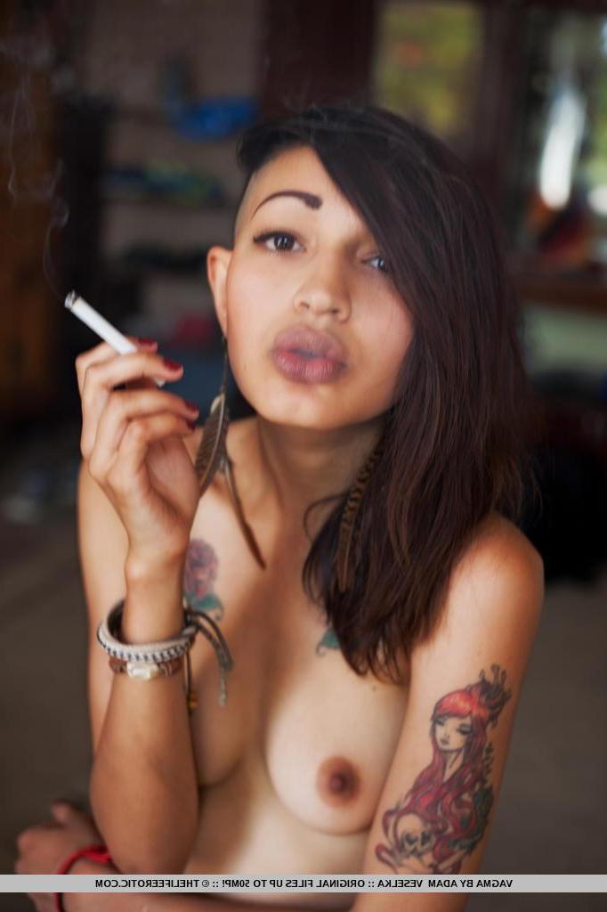 16P Alternative girl Vagma strips and smokes a cigarette