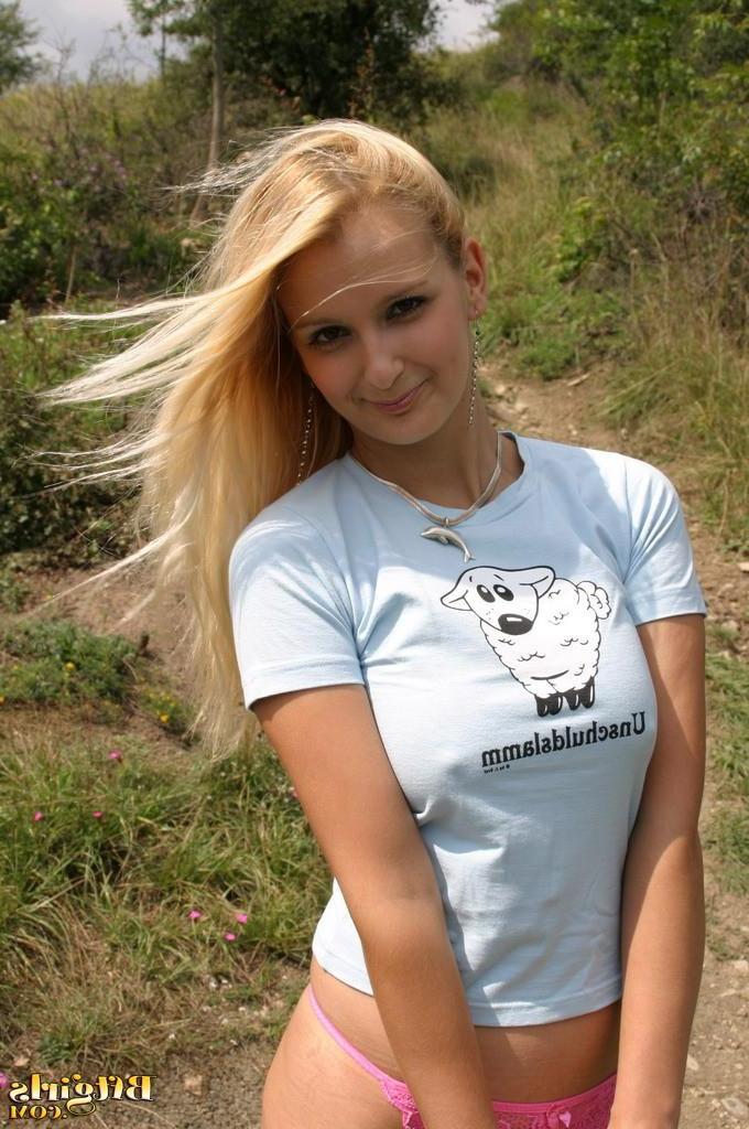 15P Hot blonde teen strips naked and plays with her feet outside