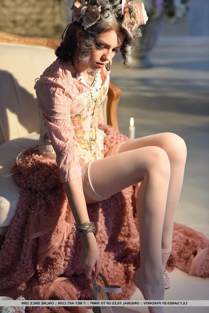 18P Brunette beauty Lily Sands strips out of her victorian dress for you