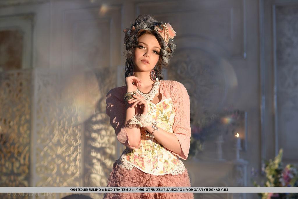 18P Brunette beauty Lily Sands strips out of her victorian dress for you