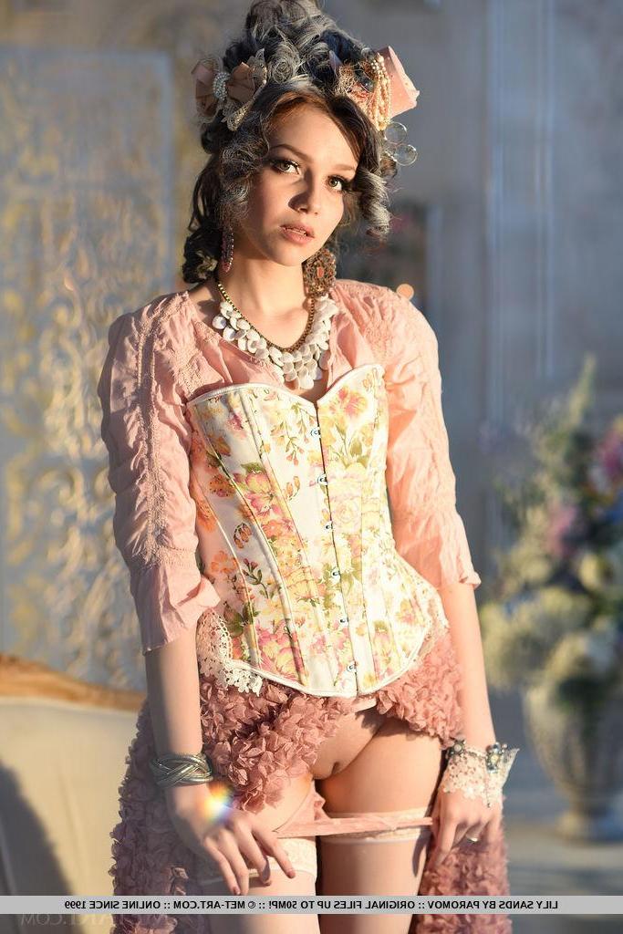 18P Brunette beauty Lily Sands strips out of her victorian dress for you