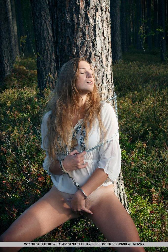 16P Pretty girl Kristine gets tied and chained up outside in "Enchanted"