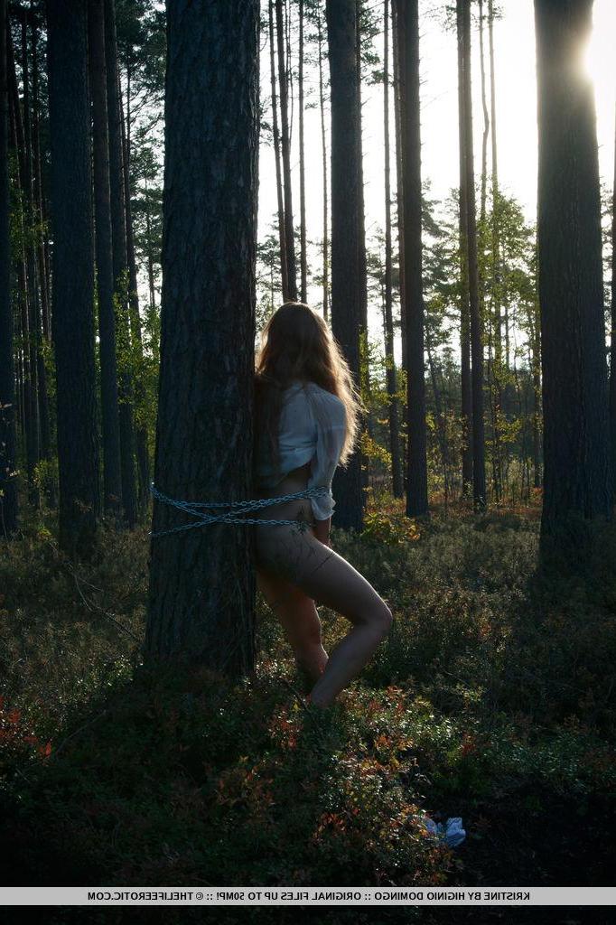 16P Pretty girl Kristine gets tied and chained up outside in "Enchanted"