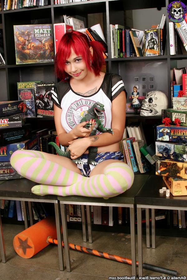 14P Cute Nerdy Gamer Girl Scarlet Starr in Pigtails Plays with Godzilla