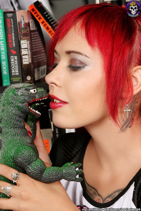 14P Cute Nerdy Gamer Girl Scarlet Starr in Pigtails Plays with Godzilla