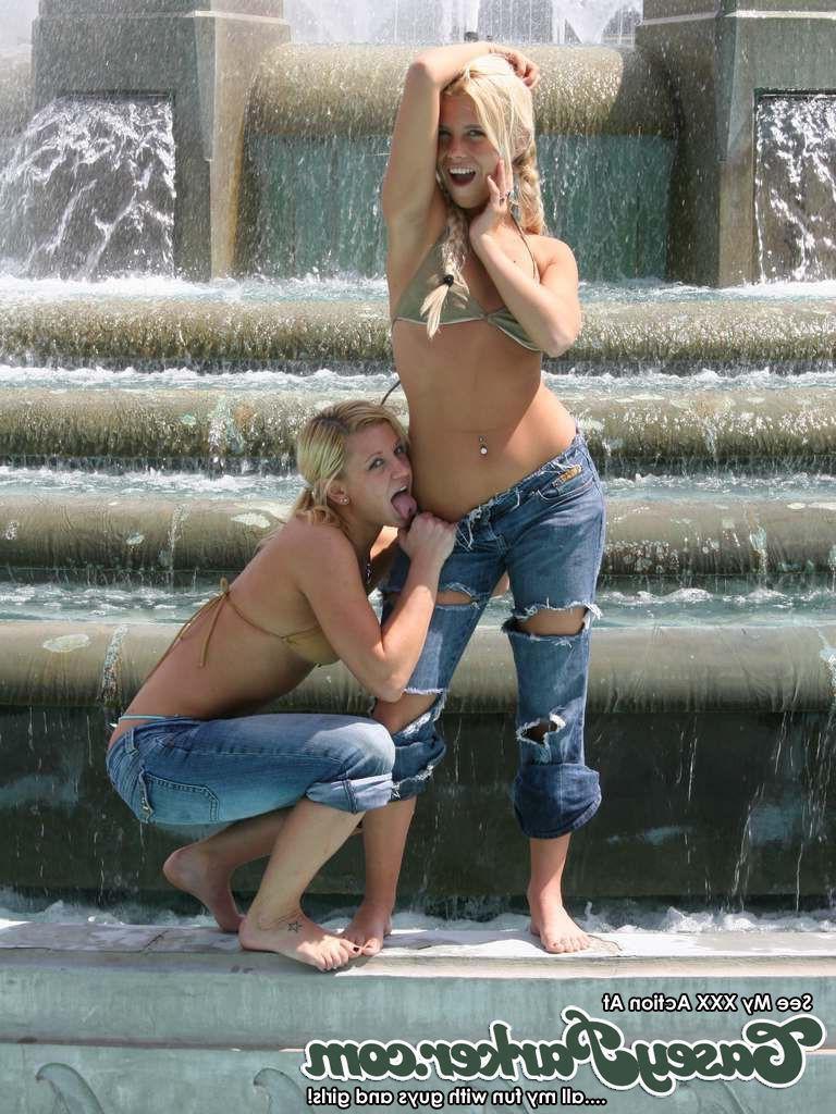 15P Casey Parker and girlfriend Cali play in a fountain and have sex by the swimming