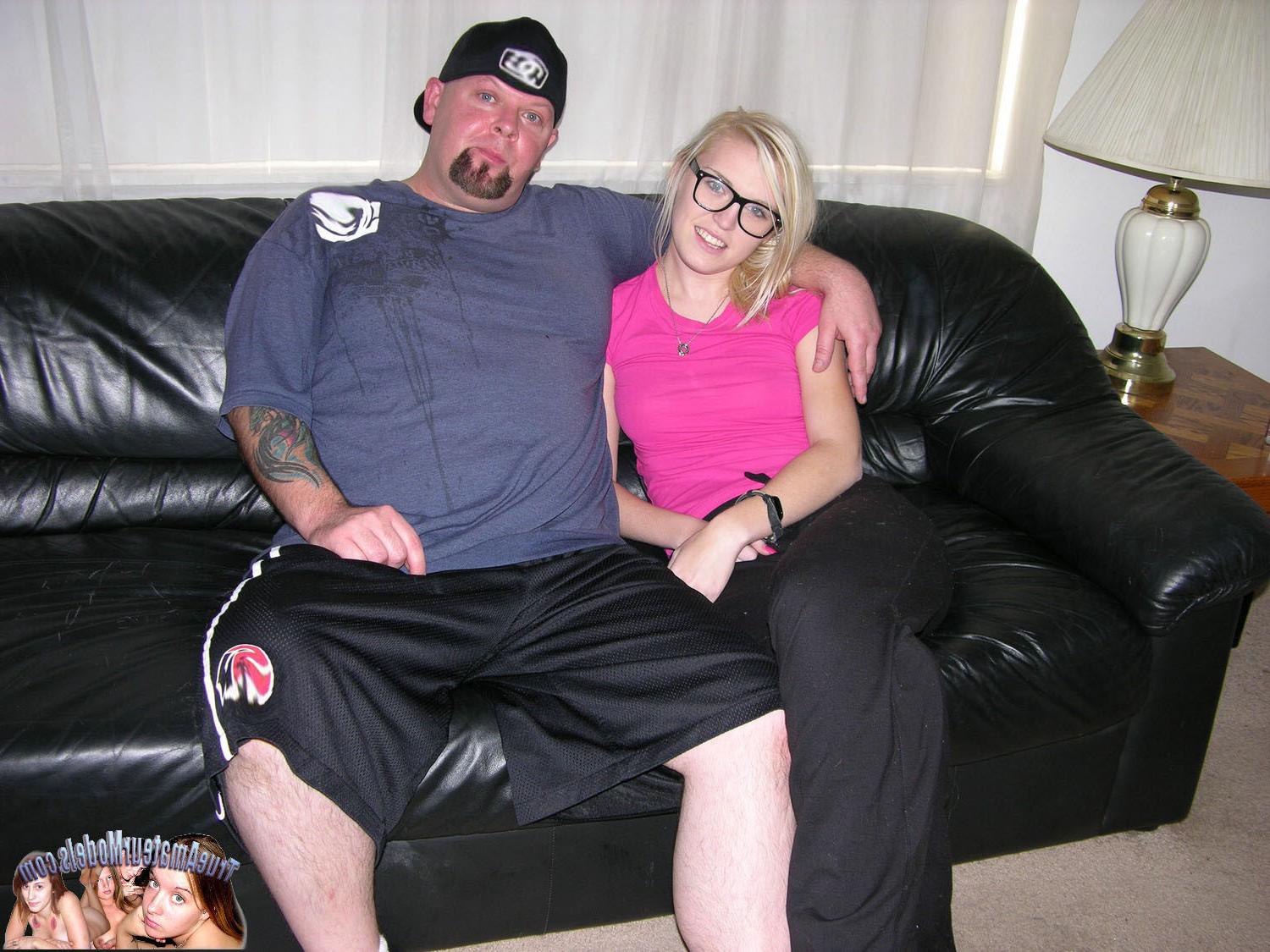 10P Blonde Amateur Nerd With Glasses Gives Big Bald Dude Handjob