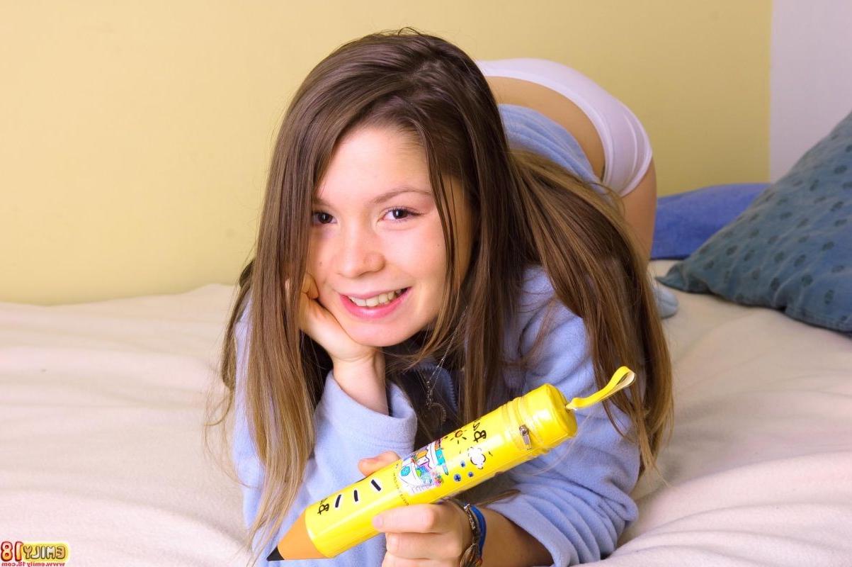16P Tiny teen with naked small tits playing with a big pencil