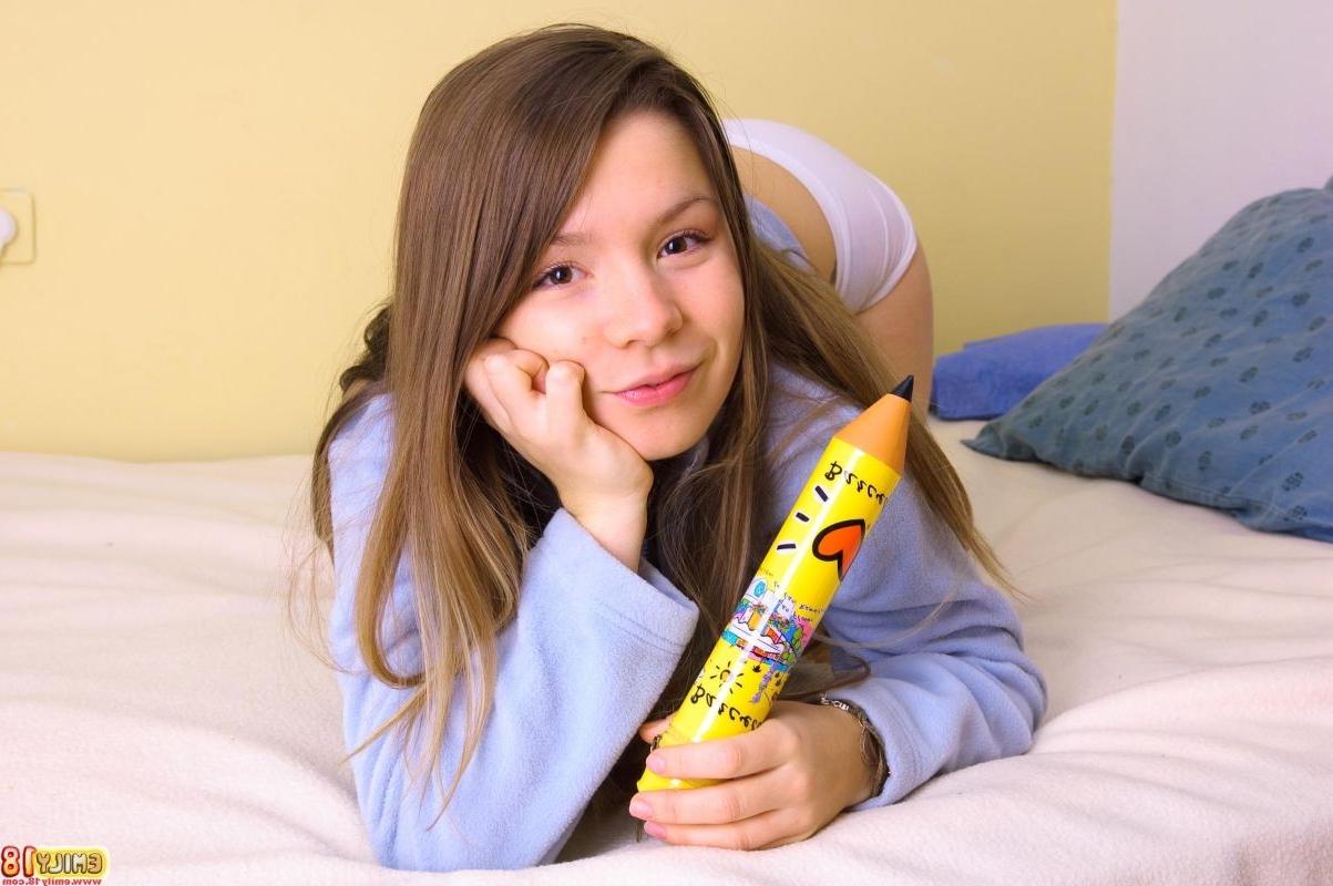16P Tiny teen with naked small tits playing with a big pencil