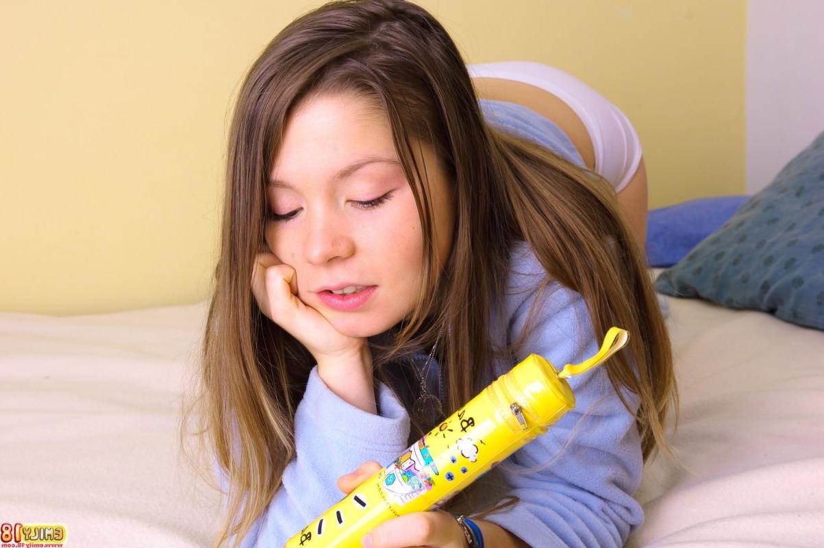 16P Tiny teen with naked small tits playing with a big pencil
