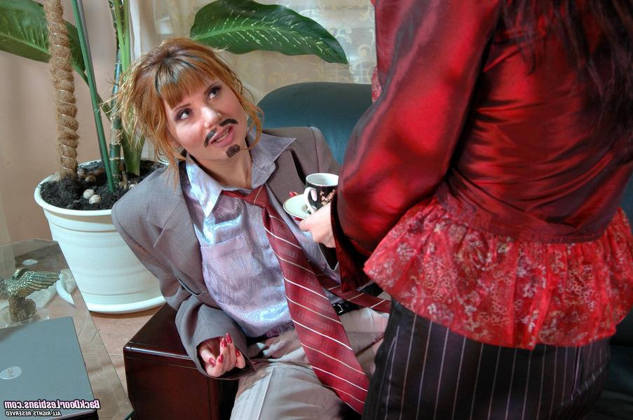 13P Mischievous lesbian babe in male suit cramming tight bumhole on the sofa