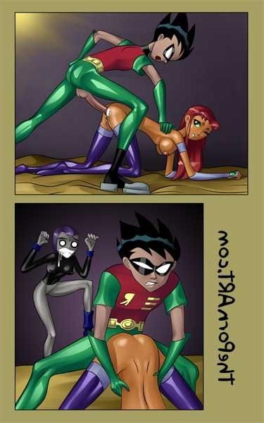 10P Raven rubs pussy while Robin punishes Starfire in the ass