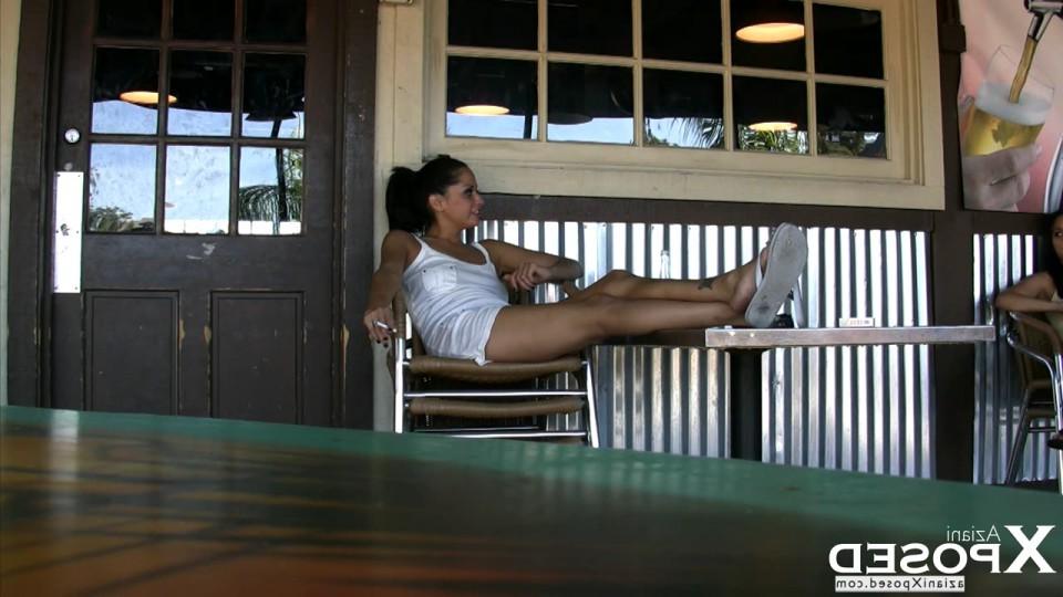 15P Cassidey sits outside smoking a cigarette while chatting and flashing her sweet 