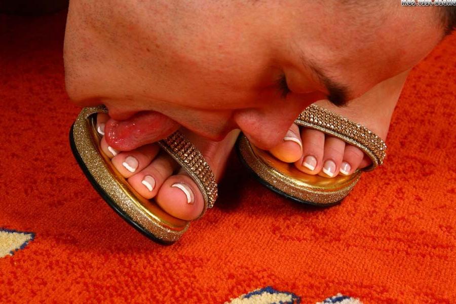 16P Humiliated slave licking mistress's heels before she lets him work her feet