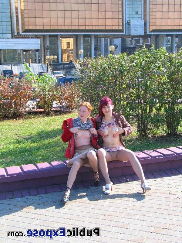 15P Two bare-faced sluts air their funbags and honey pots in public place