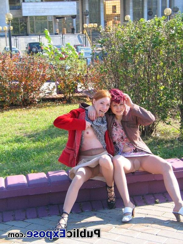 15P Two bare-faced sluts air their funbags and honey pots in public place