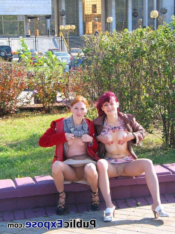 15P Two bare-faced sluts air their funbags and honey pots in public place
