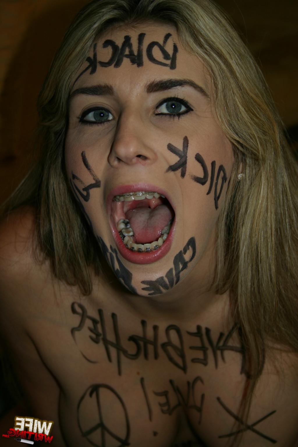 15P Blond beauty black branded interracial blowjob cum