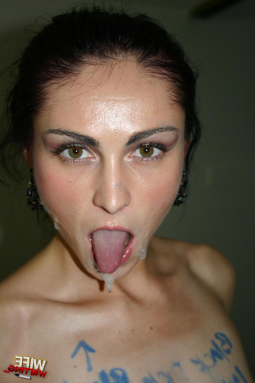 15P Brunette interracial marked sucks black eats sperm