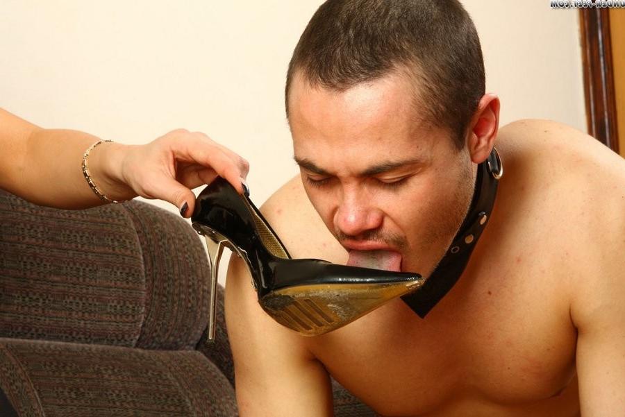 16P Leashed slave gets sissified and made to lick his mistress's feet and shoes