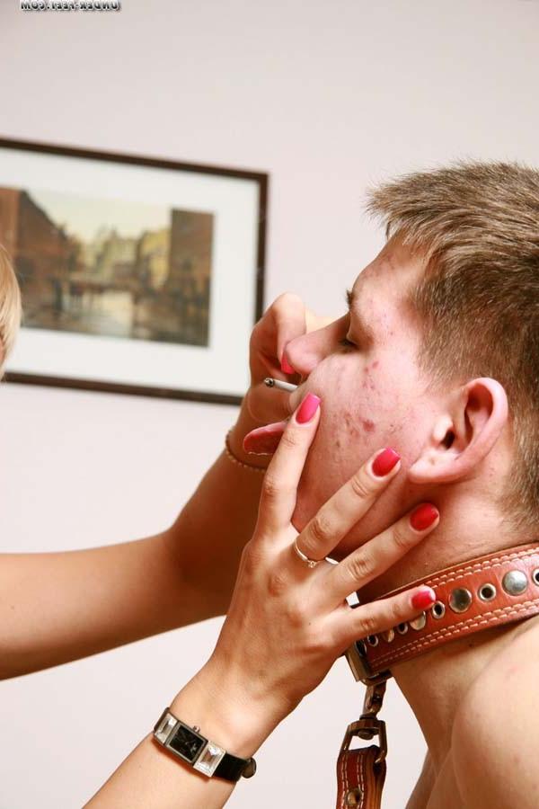 16P Bossy blonde bitch beats her submissive fuckmate up and uses his mouth instead o