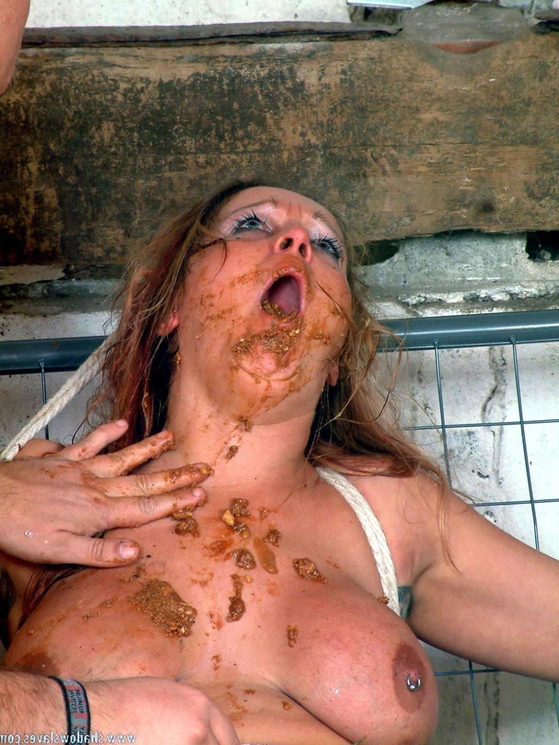 16P Sick taboo humiliation feeding Gina foul pet food and smearing the tied slavegir