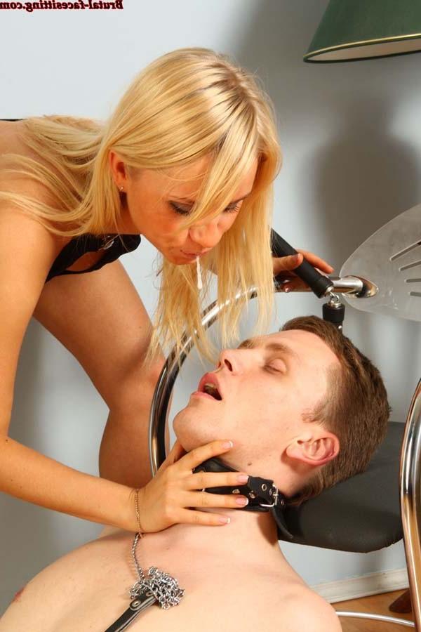 16P Sexy brunette and cute blonde forcing the submissive slave to pussy eating
