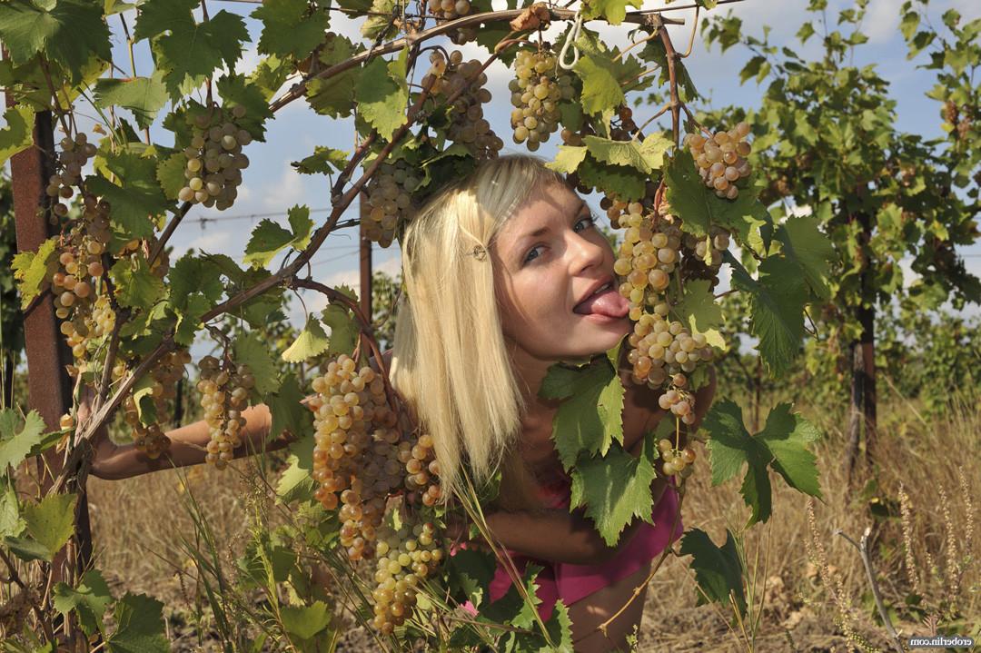 15P Blonde young model naked in the country vineyard