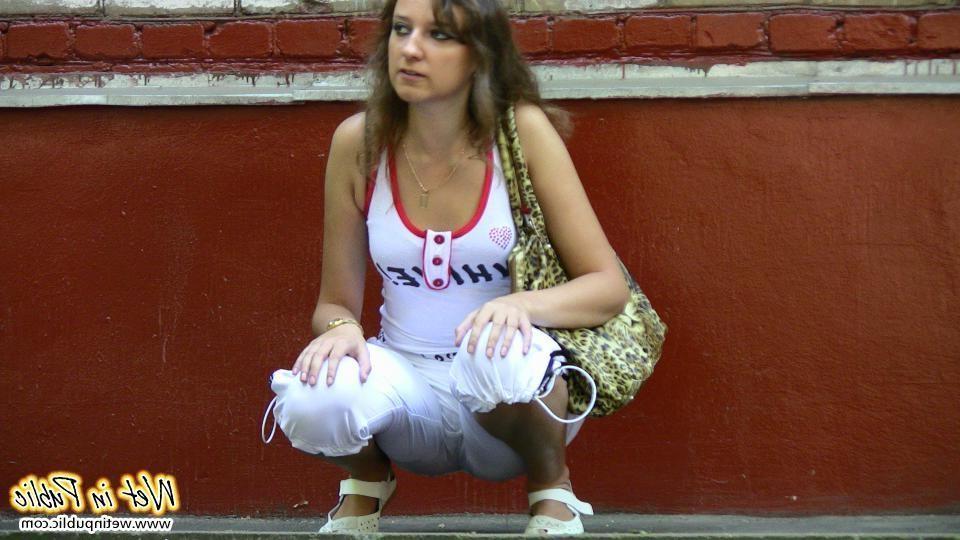 15P Urine-soaked white breeches and nude bold pussy of a public piss-ant