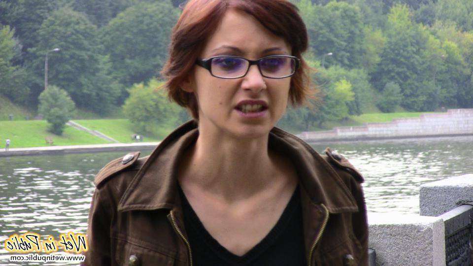 15P Nervous grin of a girl in glasses who pissed in her jeans in public