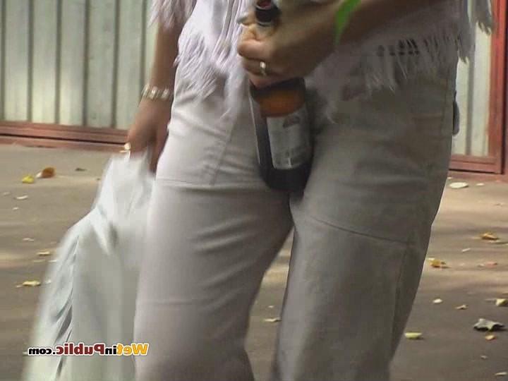 15P Blond has sipped some beer and pissed in her white breeches in public