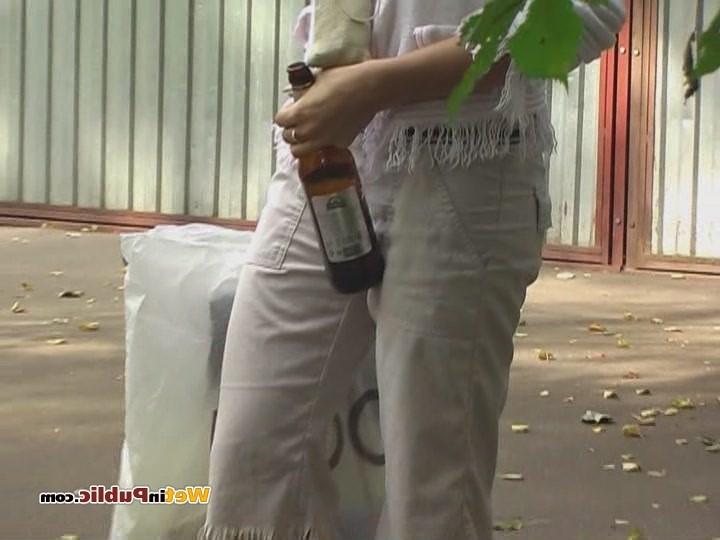 15P Blond has sipped some beer and pissed in her white breeches in public