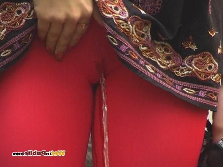 15P Public leggings drenching by a wench who needed to piss desperately