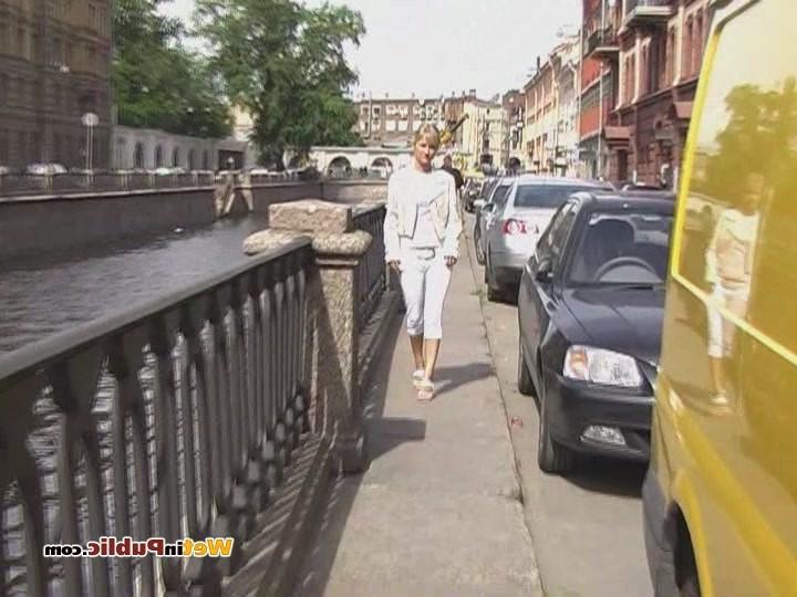 15P Cute blondie soaks her white jeans with piss right in the busy street