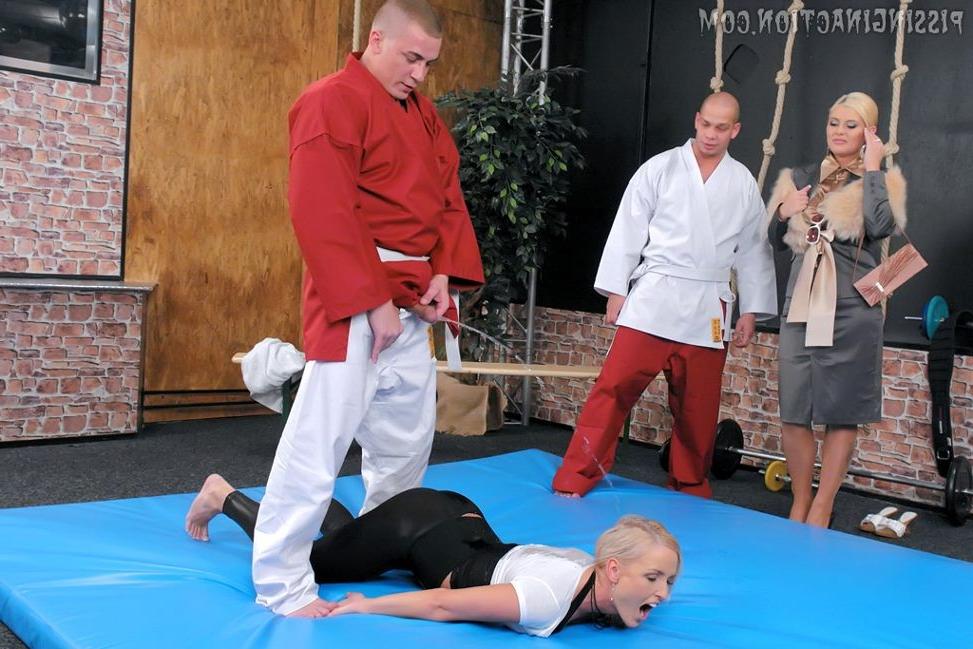 19P Babes quench their thirst with piss from two horny judokas