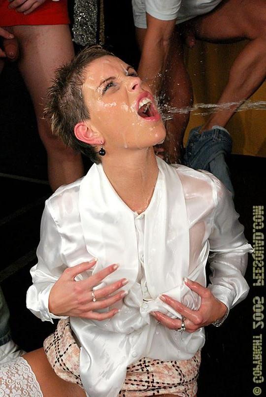 19P A glamorous short haired lady gets bukkaked and pissed on