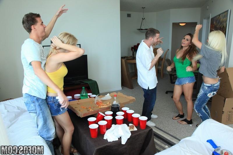 16P Two party chicks swap jizz while another one rides cock in bed