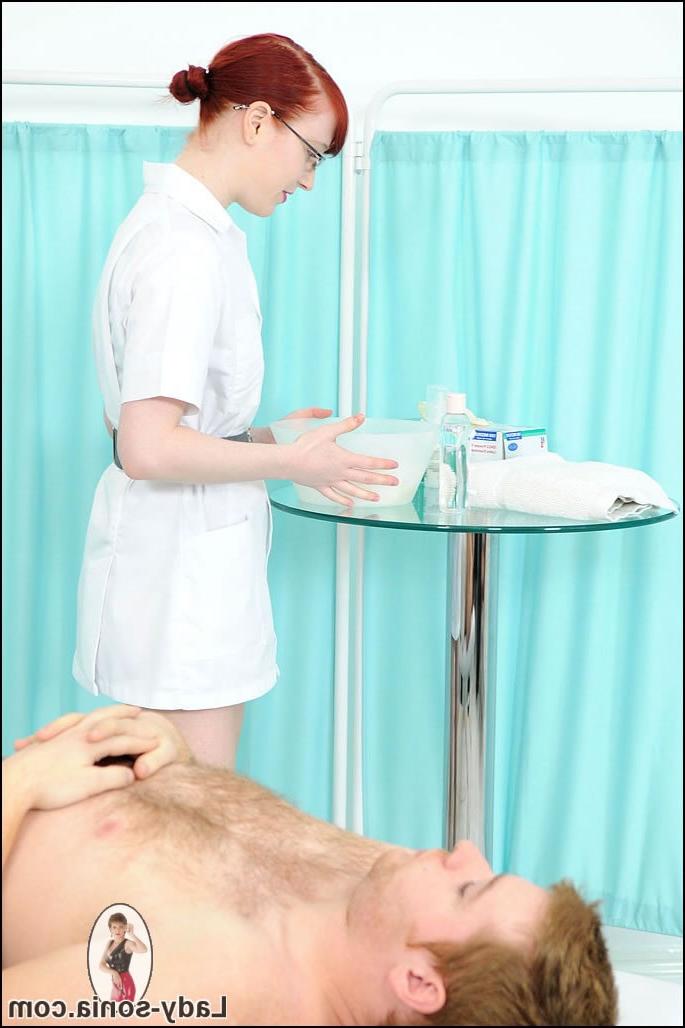 15P Geeky redhead british nurse giving a latex handjob