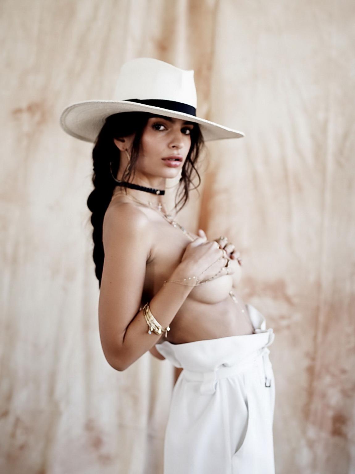 16P Emily Ratajkowski topless trying to hide her huge boobs