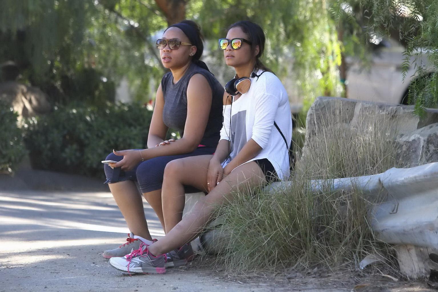 16P Christina Milian showing her juicy ass in tight black shorts at Runyon Canyon Pa