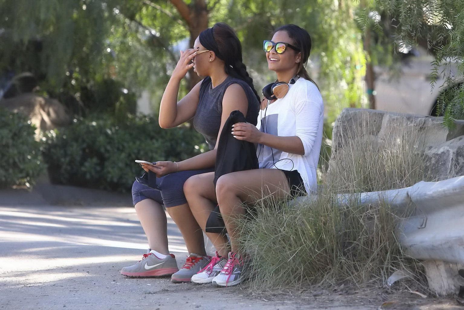 16P Christina Milian showing her juicy ass in tight black shorts at Runyon Canyon Pa